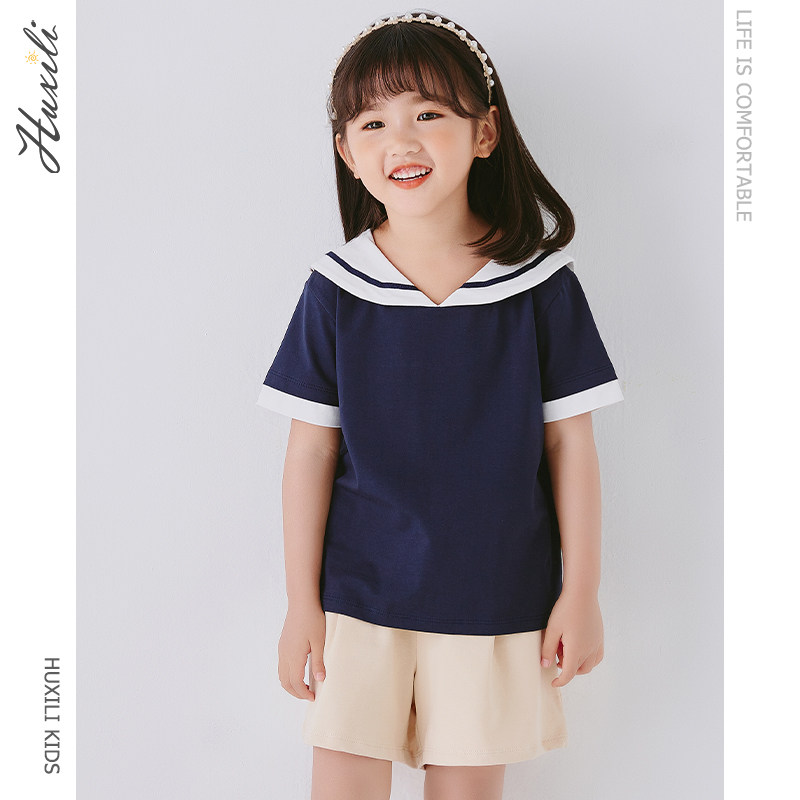 Huxili children's clothing summer new girls T-shirt summer short-sleeved cotton loose navy collar large lapel top thin section