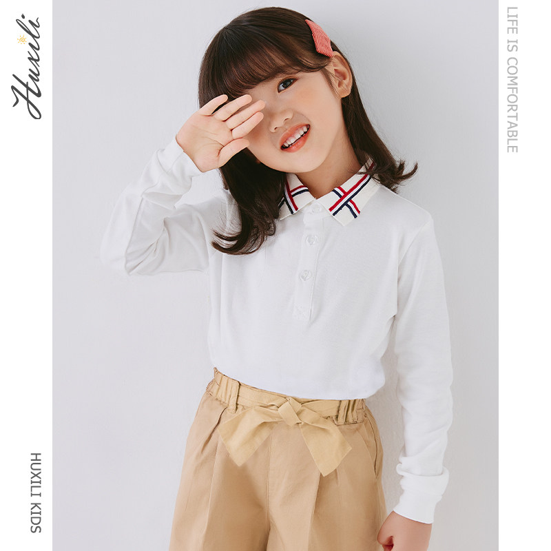 2021 autumn girls polo shirt spring and autumn children's lapel long-sleeved T-shirt middle-aged children's college style bottoming shirt