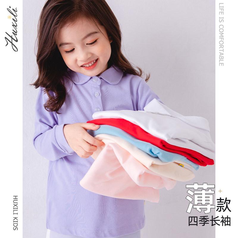 Girl Polo Shirt Spring Autumn Children Long Sleeves T-shirt Turning Pure Cotton Doll Collar Blouse Red Undershirt School Uniform