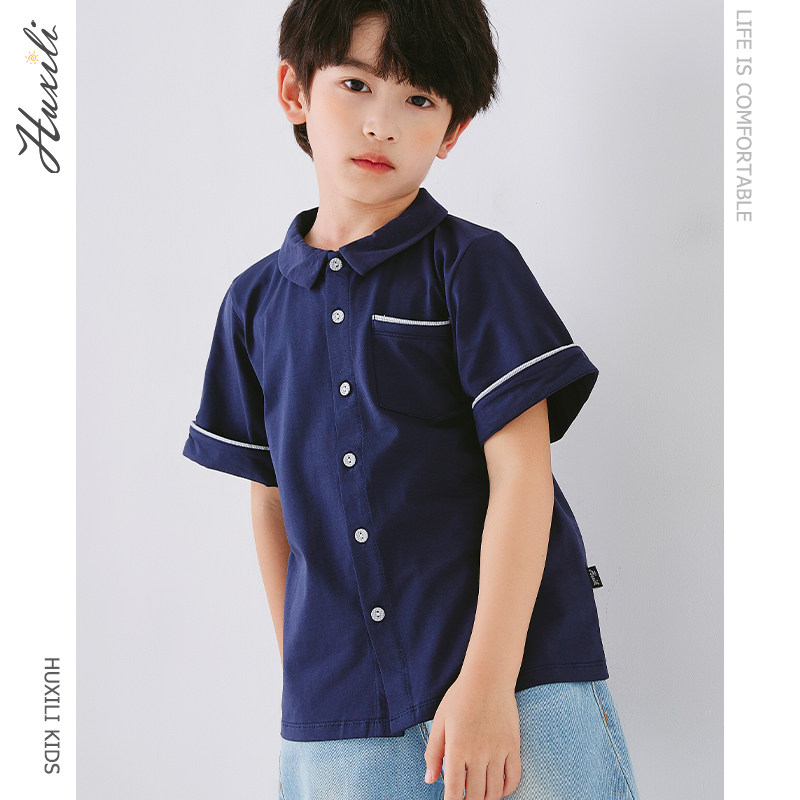 Huxili 2021 summer children's clothing boys' shirts short-sleeved all-match literary small fresh Western style lapel contrast color top