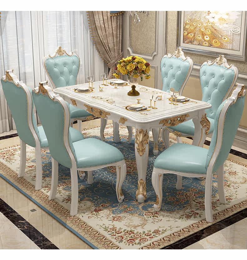 Мраморный стол 欧式餐桌椅组合现代简约家用小户型长方形实木大理石台面简欧餐桌