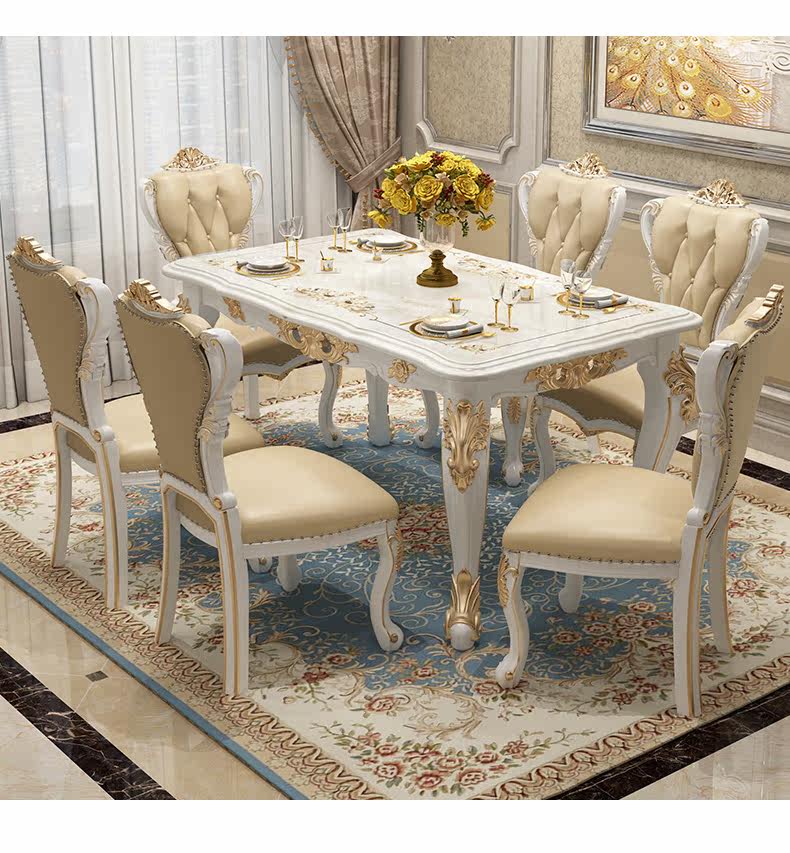 Мраморный стол 欧式餐桌椅组合现代简约家用小户型长方形实木大理石台面简欧餐桌