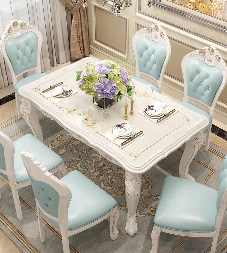Мраморный стол 欧式餐桌椅组合现代简约家用小户型长方形实木大理石台面简欧餐桌