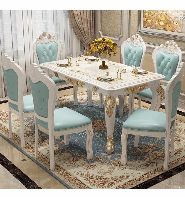 Мраморный стол 欧式餐桌椅组合现代简约家用小户型长方形实木大理石台面简欧餐桌