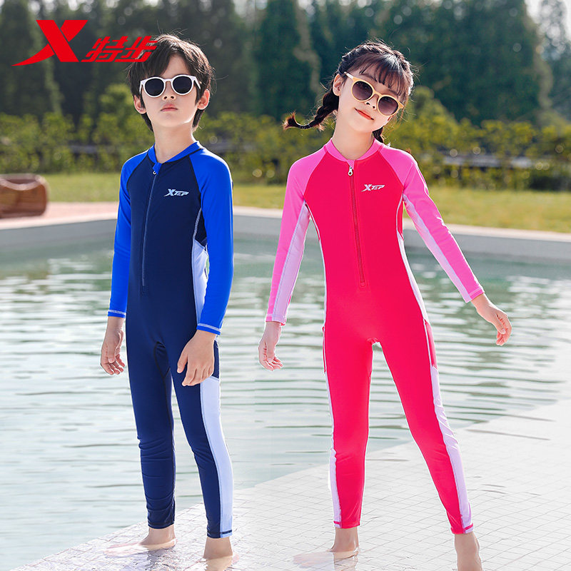XTEP children's swimsuit Boys and girls summer new long-sleeved one-piece sunscreen professional swimming quick-drying baby swimsuit
