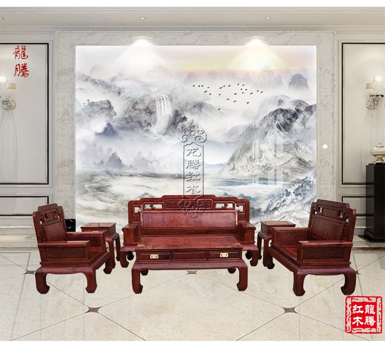 Mahogany Boutique Burmese Pear National Color Tianxiang Sofa Six-piece Set Big Fruit Rosewood Water Ripple Solid Wood Living Room Furniture