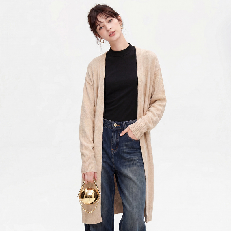 Quirky Big Bear Wool Long Knitted Cardigan for Women, Loose Fit, Versatile Sun Protection Sweater Coat for Petite Women