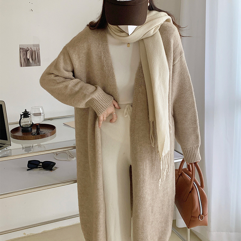 Ghostly Big Bear Wool Home Autumn and Winter Mid-Length Knitted Cardigan for Women, Lazy Style Over-The-Knee V-Neck Thick Sweater Coat