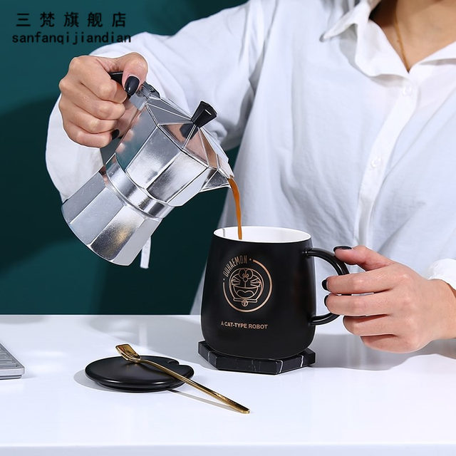 Sanfan Blue Fatty Ceramic Mug with Lid Spoon Creative Personality Cute Jingle Cat Large Capacity Couple Coffee Cup