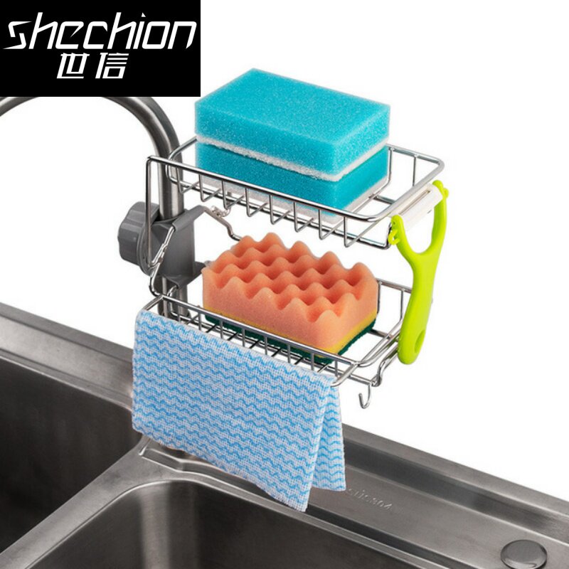 Stainless steel faucet rack rag leaching rack household kitchen hole-free sink storage layer frame storage artifacts