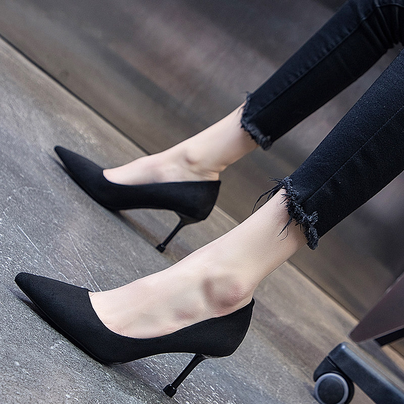 Black Working High heel Shoes heels 2019 Autumn Winter New Korean version 100 hitch Pointed Career Plus Suede Single Shoe Woman