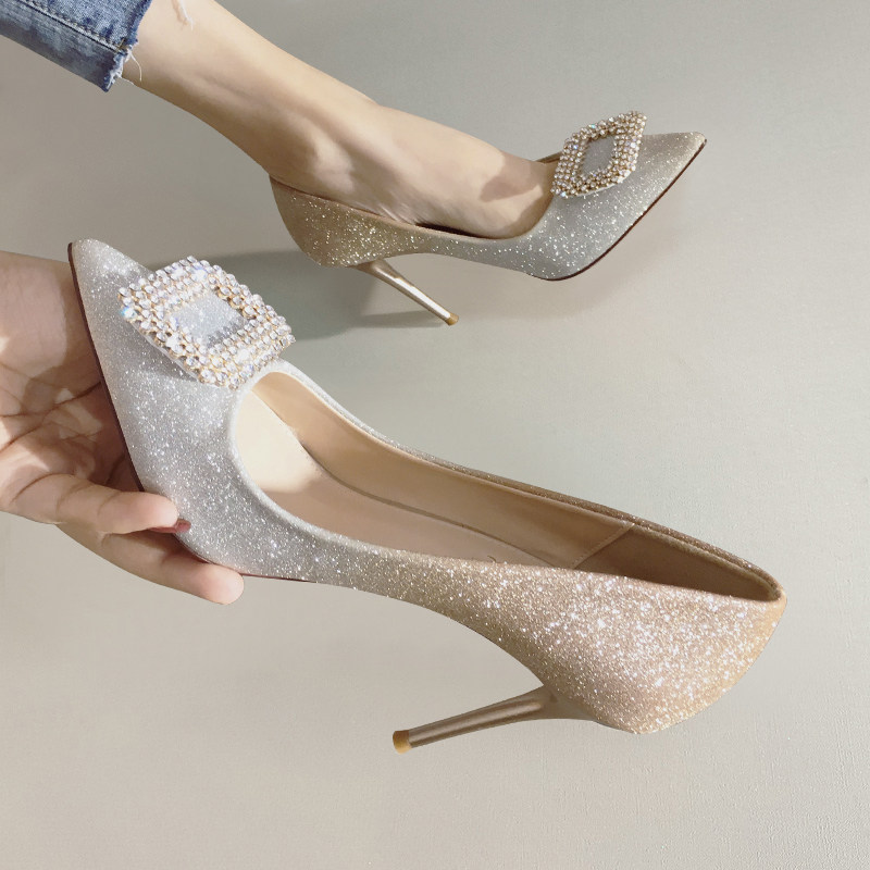 Wedding Shoes High Heels Shoes Women 2019 Autumn Winter New 100 Hitch Tips Fine Heel Single Shoes Female Sensual Bridesmaids Little Heel Shoes