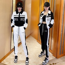 European sports and leisure fashion suit womens spring 2023 foreign style age-reducing color contrast jacket sweater loose two-piece set