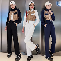 2022 Spring and Autumn New Womens Casual Sports Western-style Fried Street Straight Leg Pants Color Matching Jacquard European Running Two-piece Set