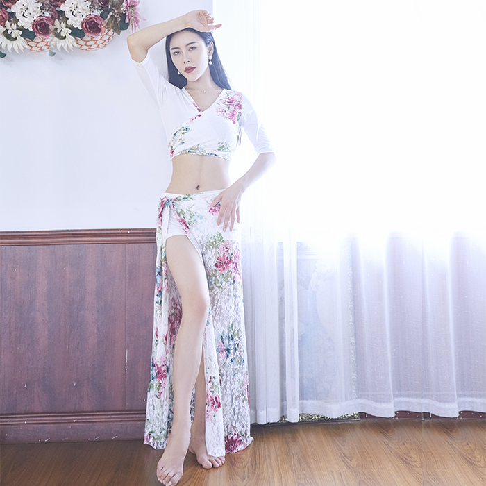 Please dream wind Lu belly dance suit 2022 autumn and summer new sexy lace open fork printing practice with slim and long dress