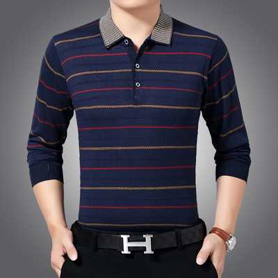 爸爸长袖t恤中年男装薄款打底衫t恤条纹