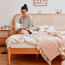 Rattan bed Japanese style all solid wood bed modern simple master bedroom 1 8m retro double bed new Chinese style French bed