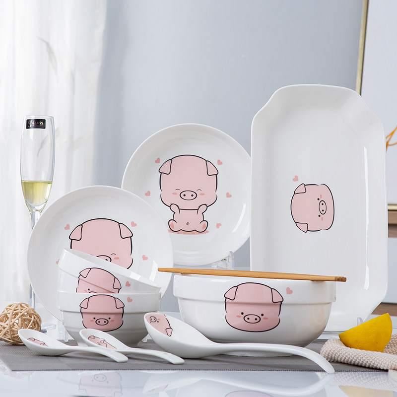 Bowl Dish Suit Home 4 People Ceramic Bowls Chopsticks Suit Single Jingdezhen Cutlery Dinner Bowl Cute Plate Bowl