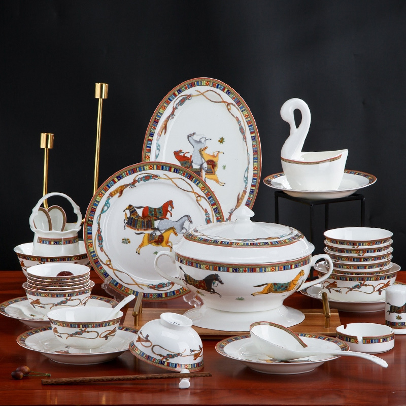 Dinnerware Set for Home Use, European-Style Bowl, Chopsticks, and Plate Combination, Bone China Tableware Set, Simple Bowl and Plate Set, 60-Piece Hermes Style