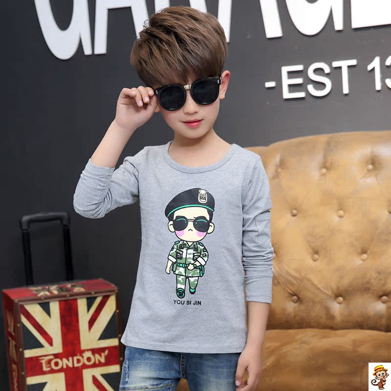 Boys dài sleevet T-shirt mùa xuân và mùa thu váy trong quần áo mùa thu trẻ em lớn của bên ngoài mặc chàng trai đáy bông.