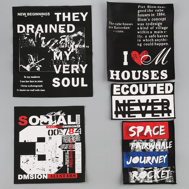 Fashion square cloth sticker large area black and white letters Costume Accessories Clothes Bag Shoes Cap Breaking Hole stamp handstitches
