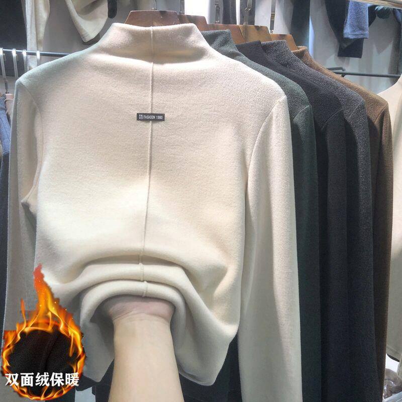 Double-sided suede half-height collar bottom-shirt woman autumn and winter foreign air new reduced age inner lap and thickened t-shirt covered with blouse-Taobao