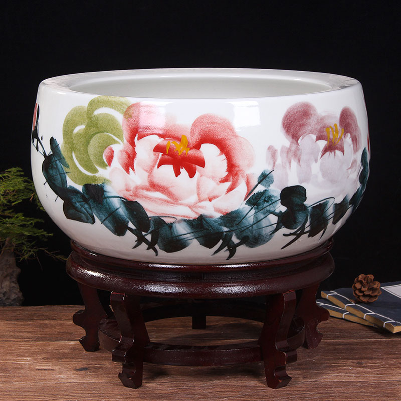 Blue and white porcelain of jingdezhen ceramics shallow daikin aquarium tortoise refers to flower pot furnishing articles large cylinder water lily
