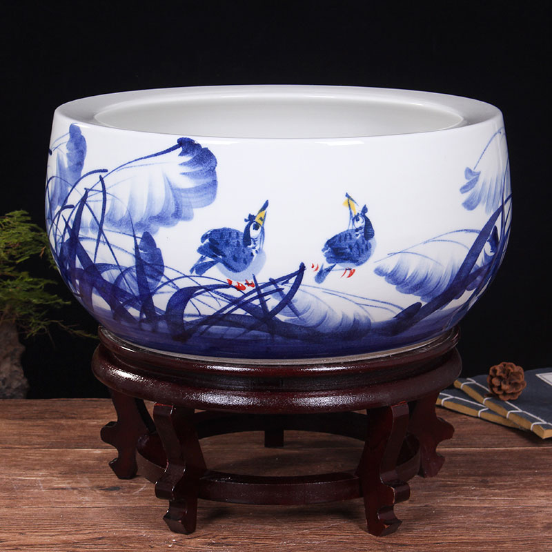 Blue and white porcelain of jingdezhen ceramics shallow daikin aquarium tortoise refers to flower pot furnishing articles large cylinder water lily