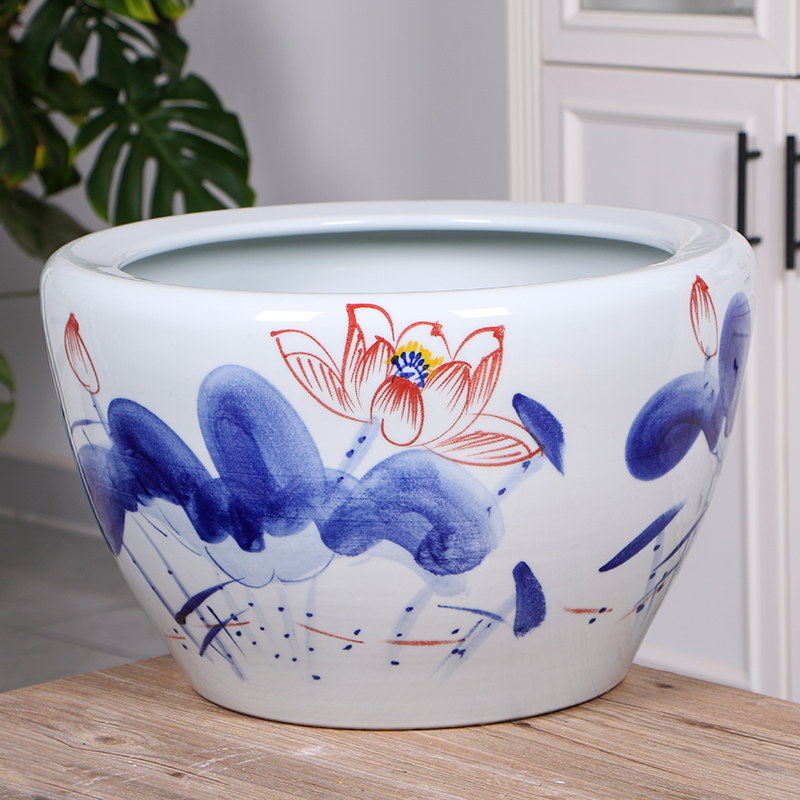 Package mail jingdezhen ceramic aquarium turtle cylinder goldfish bowl lotus flower pot lotus large painting and calligraphy tank