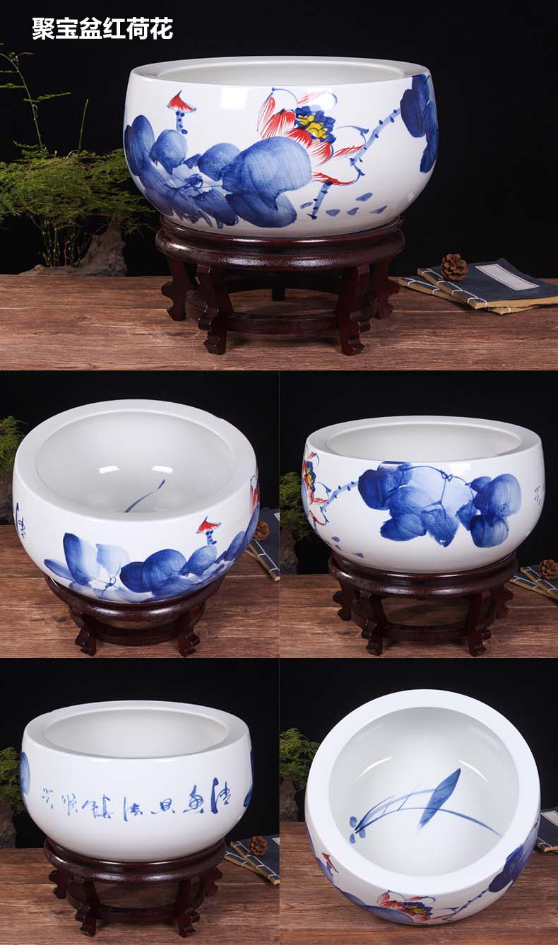 Blue and white porcelain of jingdezhen ceramics shallow daikin aquarium tortoise refers to flower pot furnishing articles large cylinder water lily