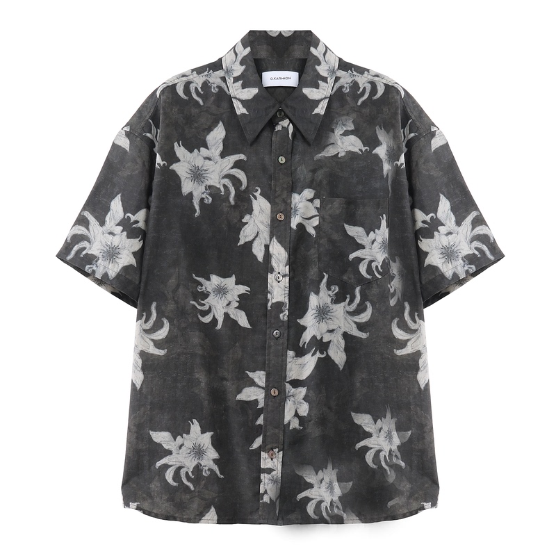 Gkarnnon “Phantom Lily” Lyocell Linen Printed Loose Artistic Retro Niche Unisex Short Shirt