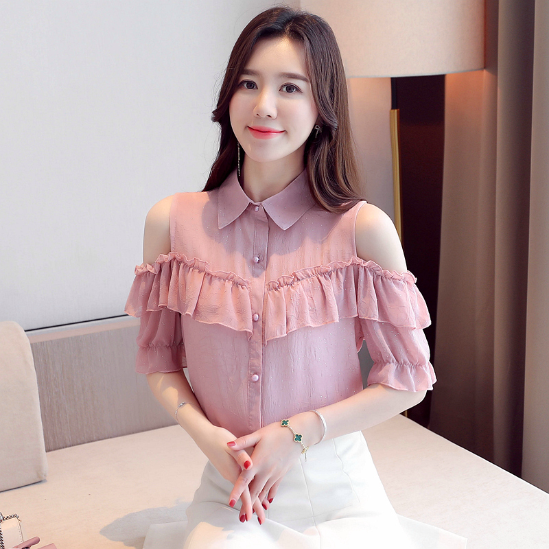 Off-the-vai áo voan ngắn tay phụ nữ mùa hè 2020 thời trang mới của Hàn Quốc phiên bản loose-fitting nhỏ áo lá sen cạnh trên