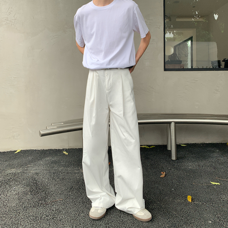Onelyc1Ns Korean Style White Wide-Leg Loose Casual Pants for Men, Autumn Straight-Leg Drapey Floor-Length Versatile Trousers