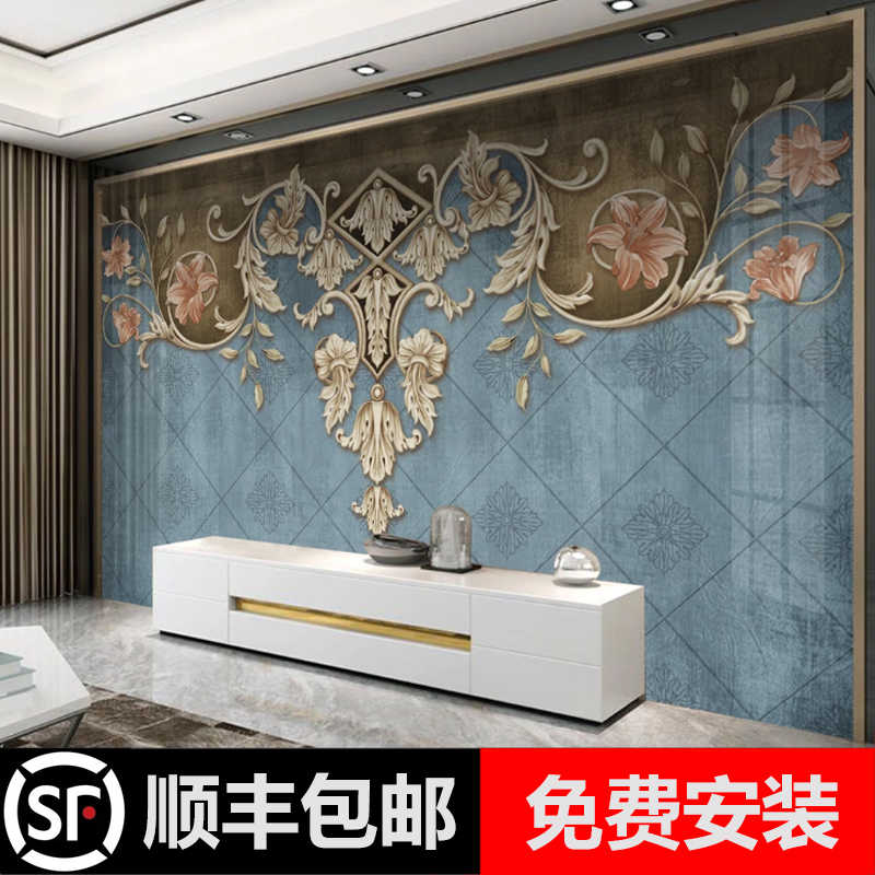 歐式復古藍古典豪華電視背景牆壁紙8d立體田園風花鳥客廳壁紙壁畫