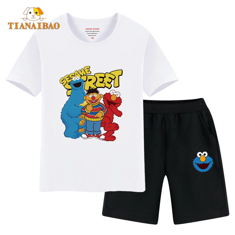 Sesame Street trai Summer Suit 2020 New Ins Tide Cô gái ngắn tay Kids Với Shorts bông.