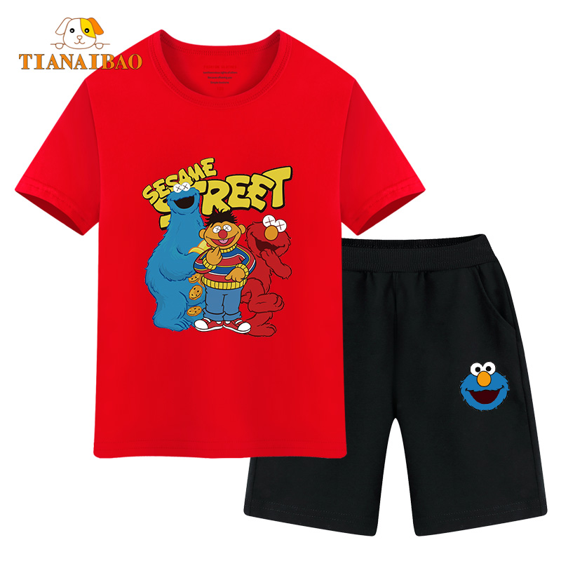 Sesame Street trai Summer Suit 2020 New Ins Tide Cô gái ngắn tay Kids Với Shorts bông.