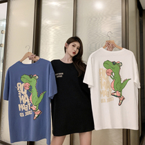 Short sleeve T-shirt female loose foreign style Han fan 2021 New Long round neck cotton cartoon dinosaur Big version