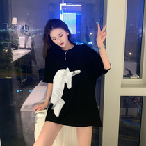 Black short sleeve T-shirt female loose foreign style Han fan 2021 New Long round neck simple cotton large version