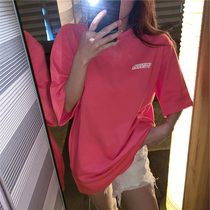 Short sleeve T-shirt female loose foreign style Han fan 2021 New Long round neck simple letter cotton Big version