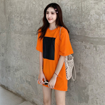 T-shirt womens short sleeve loose foreign style Han fan 2021 New Long round neck simple printed cotton large version of the body