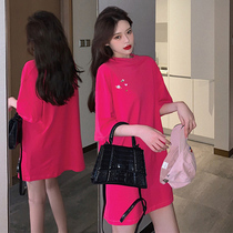 Rose red short sleeve t-shirt women loose foreign style Han fan 2021 New Long round neck simple cotton large version of the body