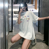 Short sleeve t-shirt women loose foreign style Han fan 2021 new hipster long round neck cotton large version of the women