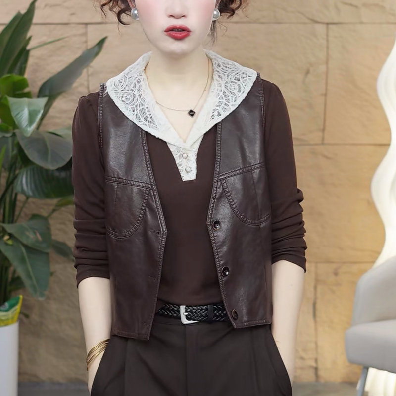 High-End Solid Color Slimming V-Neck Leather Vest for Women, 2026 New Autumn Sleeveless Outerwear Jacket Top High-End Solid Color Slimming V-Neck Leather Vest for Women, 2026 New Autumn Sleeveless Outerwear Jacket Top