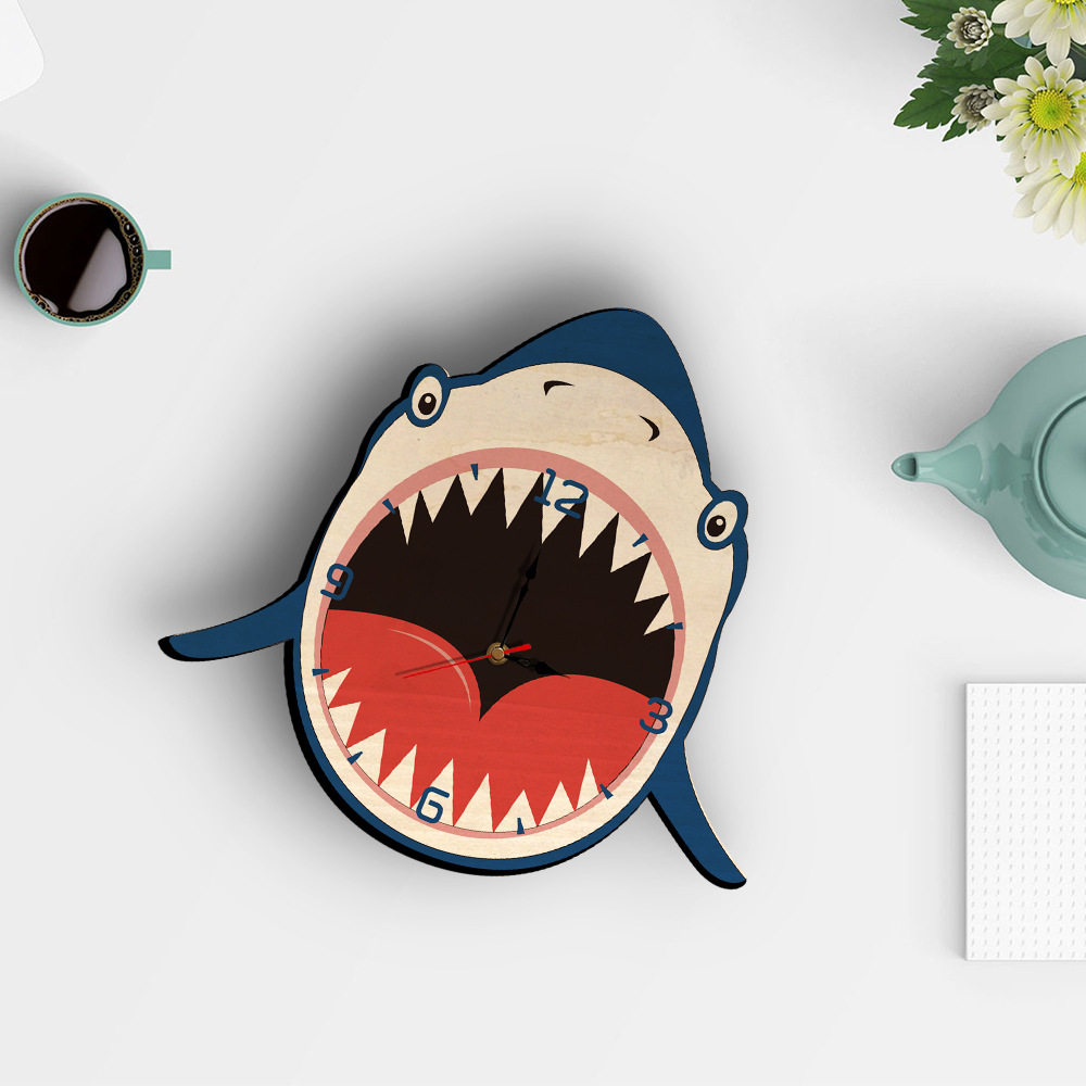 Shark Wood Wall Clock Kids Kindergarten Creative Cartoon Clock Bedroom Living Room Kids Room Wall Decoration Clock
