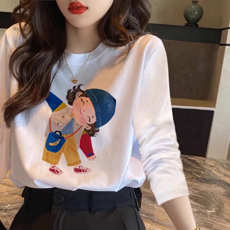 Pure Cotton Regular Shoulder Basic Popular Round Neck Long-Sleeve T-Shirt for Women, Inner Layer Base Shirt, Early Autumn Design, Korean Style Trendy Top