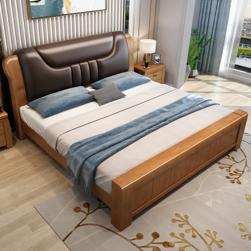 Solid wood bed is simple 1 8m soft with double bed 1 5m small household modern Chinese master bedroom high box storage bed
