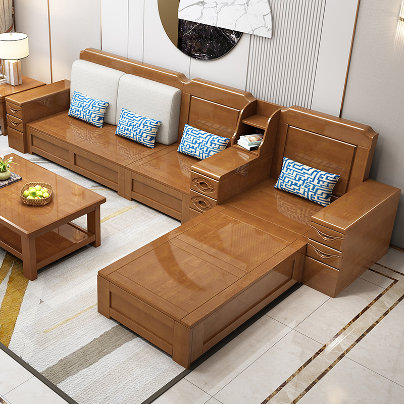 Solid wood sofa combination modern minimalist new Chinese style living room wooden furniture small apartment storage wooden sofa economy