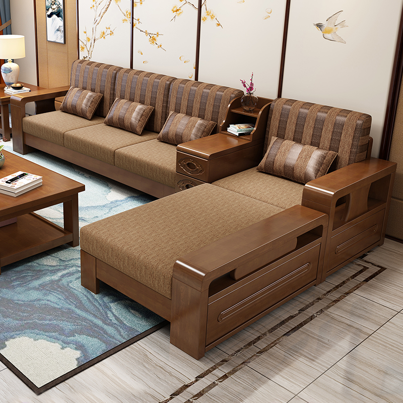 Kamu new Chinese style solid wood sofa combination living room modern minimalist small apartment chaise storage wooden sofa set