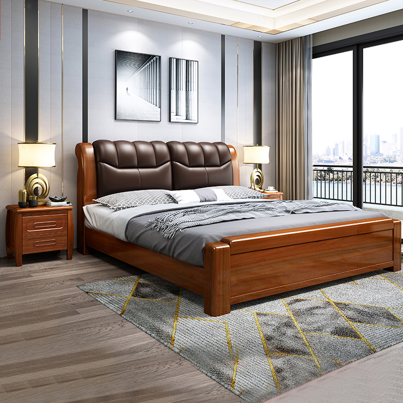 Kamu walnut Chinese style solid wood bed back cushion soft bag 15 meters modern minimalist master bedroom 18 meters double marriage bed
