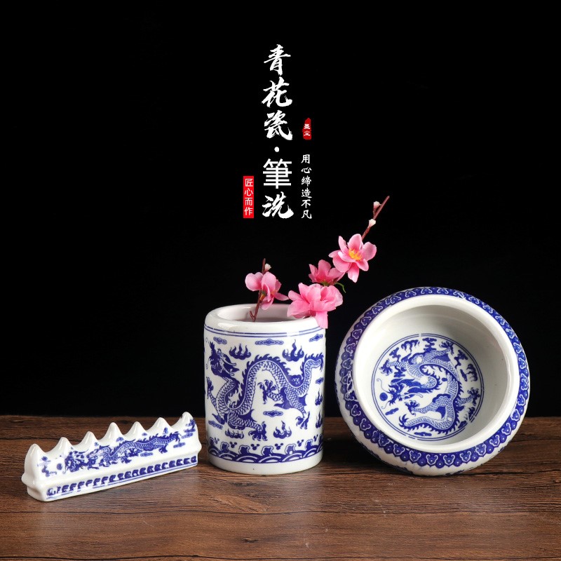 Jingdezhen Ceramic Pen Pen Pen Pen Set Three Pieces of Large Antique Blue Ceramic Ceramic Cylinder Writing Cylinder